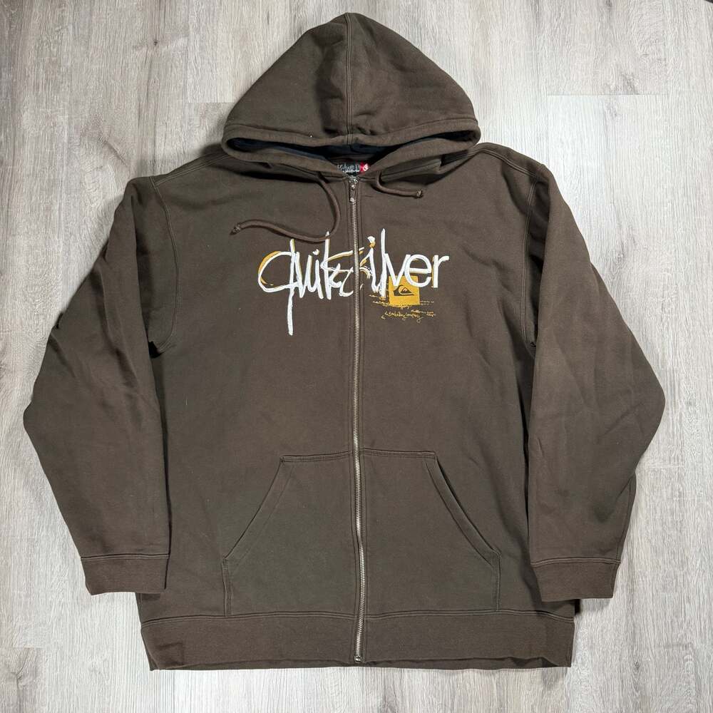 Mens Quiksilver Vintage Y2K Brown Embroidered Logo Zip-Up Hoodie XL Surf